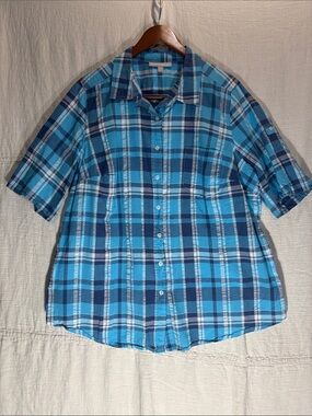 Woman Within Blue Plaid Button-Down Shirt Roll Tab Sleeves 100% Cotton
